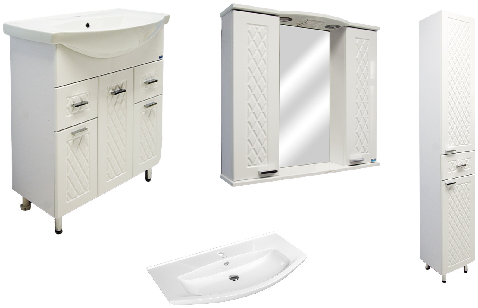 Комплект Тумба "Максима" 850 , 2 ящика, 3 двери, белый глянец  (Lindis) + умывальник + шкаф зеркало + пенал правый - артикул K0000166759