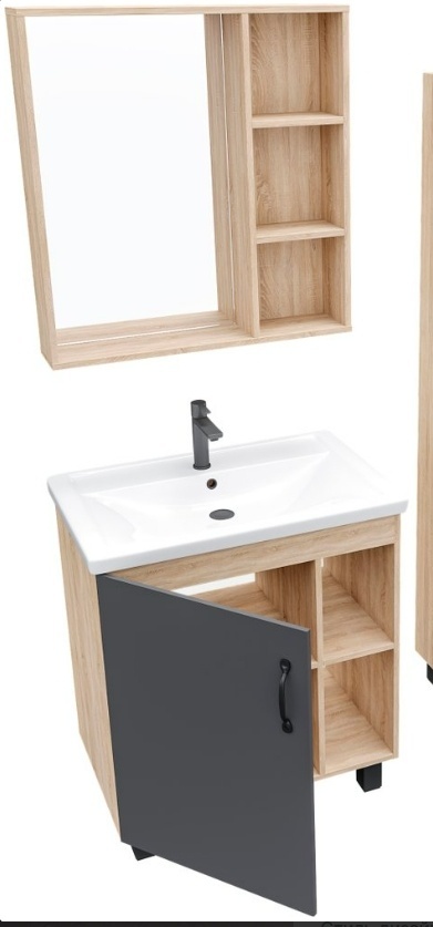 Комплект мебели ФЛАЙ 70 Тумба напольная дуб сонома/серая с ум.Фостер и зеркало - артикул K0000109189