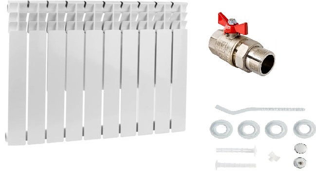 Комплект радиатор Биметалл. SKYRIVER - 500/80 - 10 сек +набор д/ал. радиат 1/2 + кран с амер.прям.  1/2 - артикул K0000188586