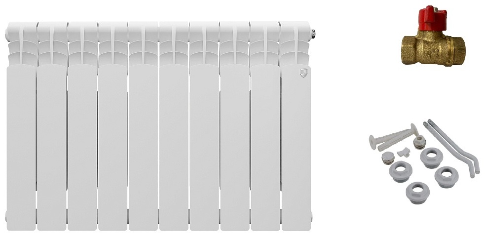 Комплект Радиатор алюминиевый Royal Thermo Revolution 500/80 - 10 секц + набор 1/2 + кран с амер.угл. 1/2  - артикул K0000188580