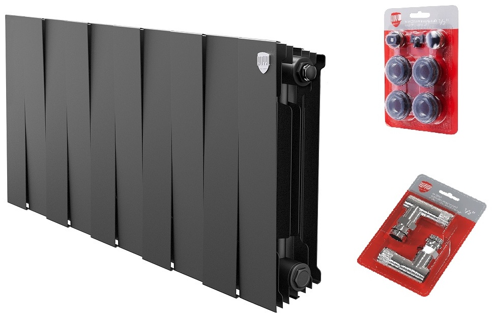 Комплект Радиатор биметаллический Royal Thermo PianoForte 300/Noir Sable -10 секций + Набор присоединительный + Набор дизайн-вентилей (1/2 Угловой) - артикул K0000118136