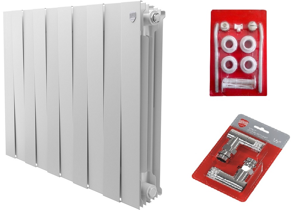 Комплект Радиатор PianoForte 500/Bianco Traffico - 10 секц..+ Набор присоединительный + Набор дизайн-вентилей (1/2 Угловой) - артикул K0000118125