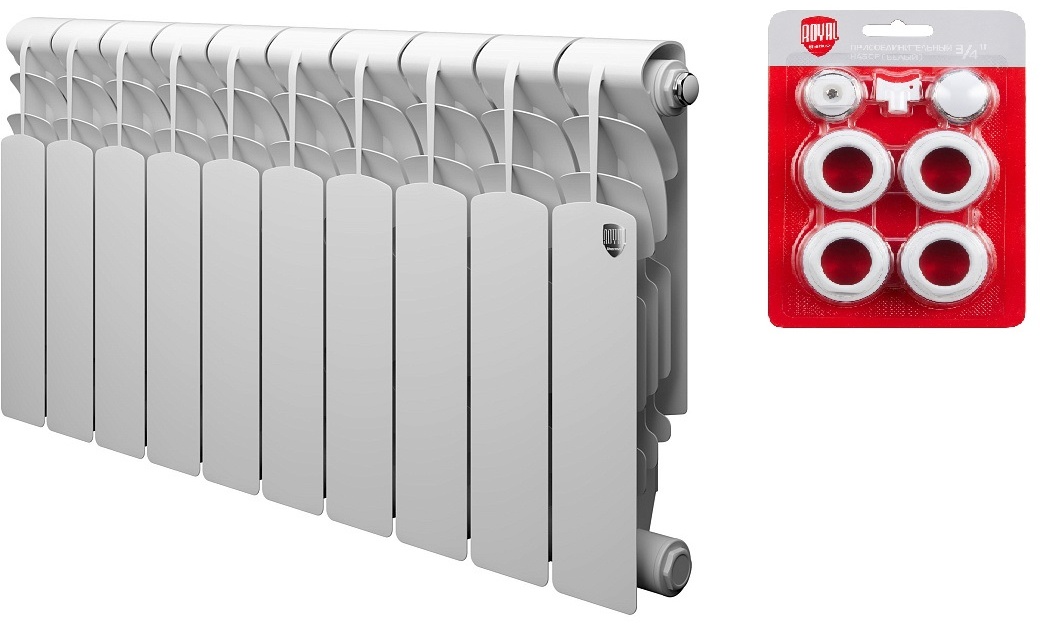 Комплект Радиатор алюминиевый Royal Thermo Revolution 350 - 10 секц. + Набор присоединительный (3/4) - артикул K0000118099
