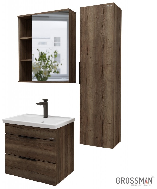 Комплект подвесной мебели ФОРТА 70 Тумба с 2-я ящ. темный дуб с ум.Фостер, шкаф-зеркало, пенал 300 - артикул K0000109282