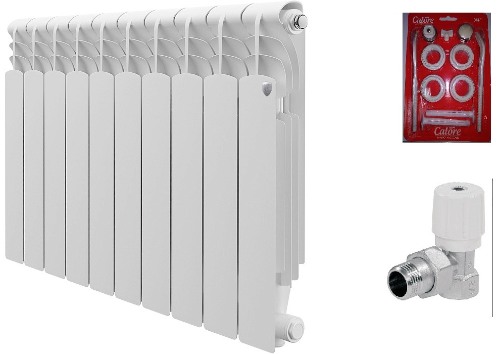 Радиатор алюм. Royal Thermo Revolution 500-10 секц.+набор д/ал.рад3/4"+вентиль терм.угл.3/4" - артикул K0000086341