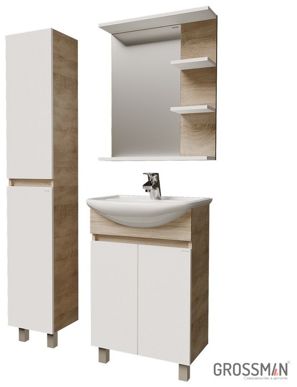 Комплект мебели ПОЛО 55 Тумба напольная дуб сонома/белая с ум.Уют, зеркало с полками и пенал 300 - артикул K0000109071