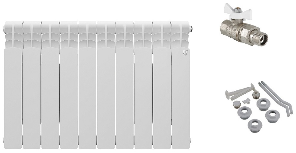 Комплект Радиатор алюминиевый Royal Thermo Revolution 500/80 - 10 секц + набор 3/4 + кран с амер.прямой 3/4 - артикул K0000188581