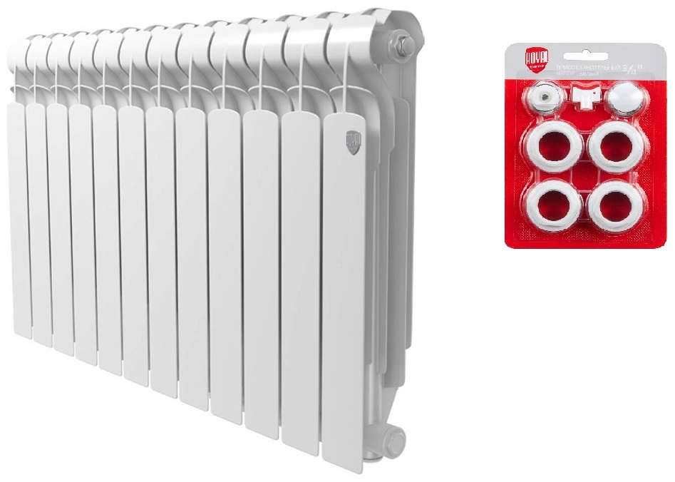 Комплект Радиатор алюминиевый Royal Thermo Indigo 500 - 12 секц.+ Набор присоединительный (3/4) - артикул K0000118118