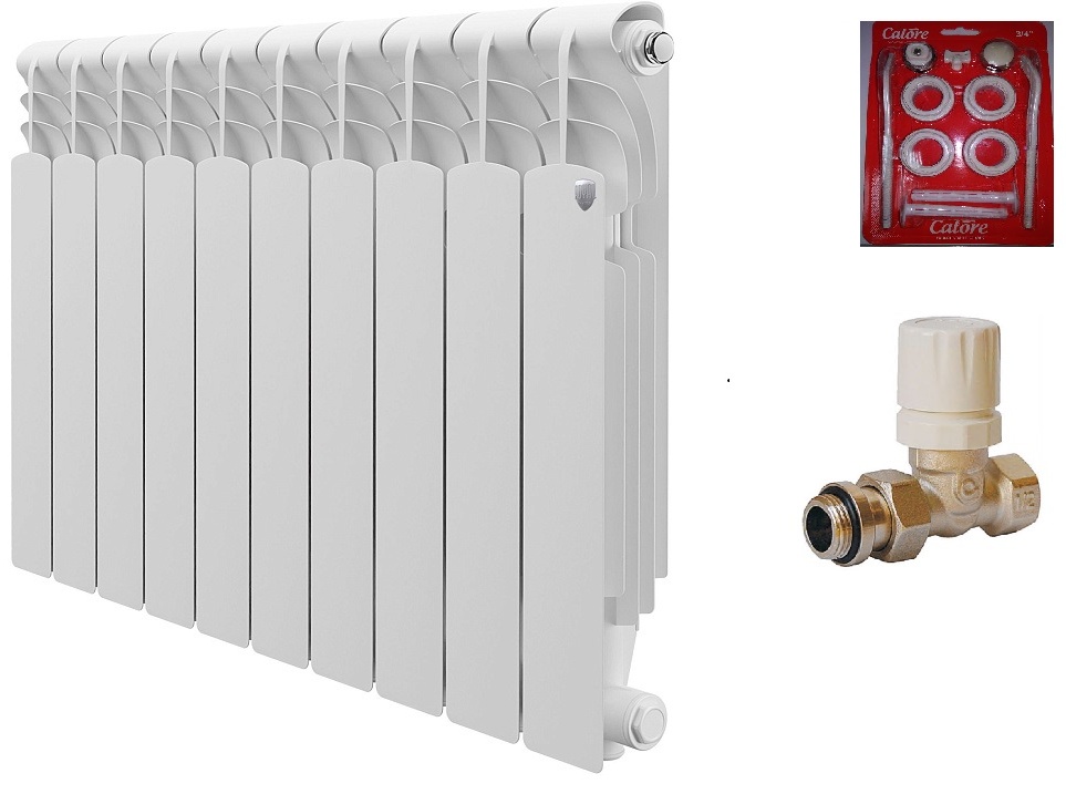 Радиатор алюм. Royal Thermo Revolution 500-10 секц.+набор д/ал.рад3/4"+вентиль терм.прям.3/4" - артикул K0000086331