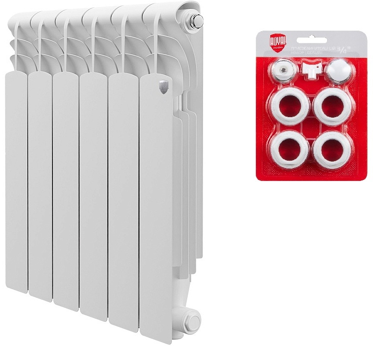 Комплект Радиатор алюминиевый Royal Thermo Revolution 500 - 6 секц. 171 Вт/сек + Набор присоединительный (3/4) - артикул K0000118103