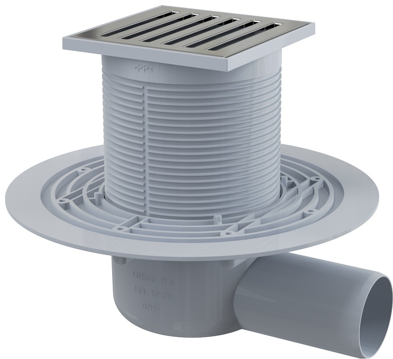 Сливной трап 105 × 105/50, подводка – боковая, решетка латунь-хром, гидрозатвор – мокрый, арт.APV103 - артикул K0000095620