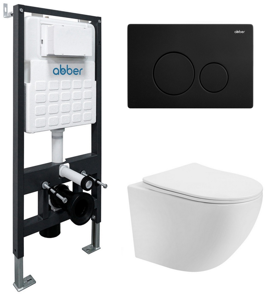 Комплект подвесной унитаз ABBER Bequem AC1100T белый с инсталляцией AC0105 и кнопкой AC0121MB черный матовый - артикул K0000230838