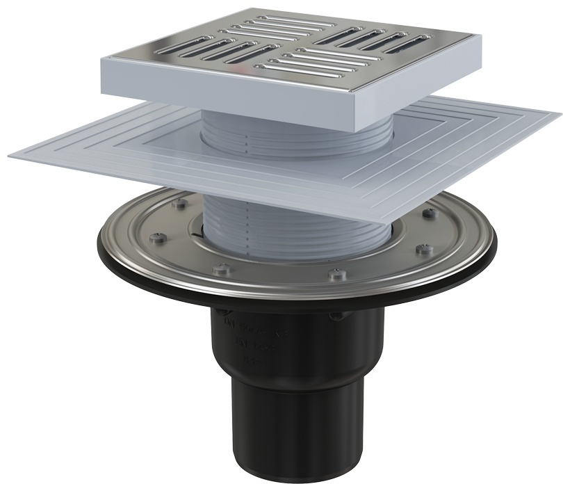 Сливной трап 150х150/50/75 мм, прям. подводка, решетка и фланец из нерж. стали, воротник, APV4444 - артикул K0000095628
