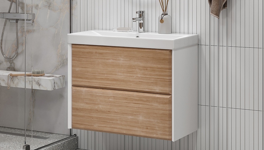 Комплект тумбы навес. GESSO 800 белый/дуб сонома 2 ящика с умыв. 9696 - артикул K0000232064