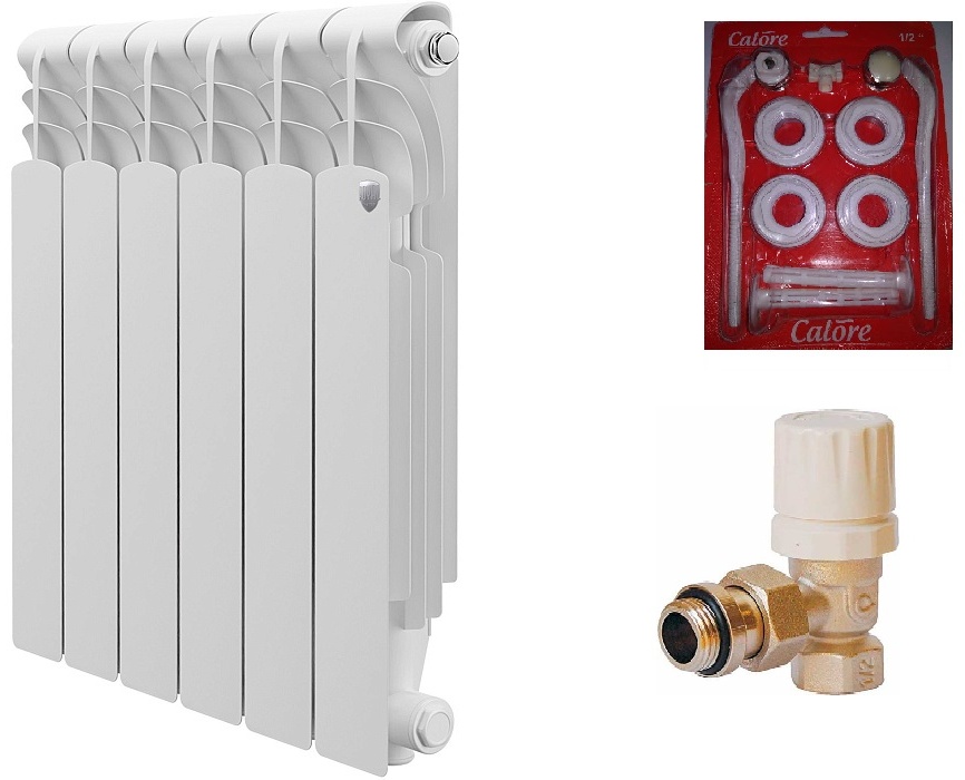 Радиатор алюм. Royal Thermo Revolution 500-6 секц.+набор д/ал.рад1/2"+вентиль терм.угл.1/2" - артикул K0000086337