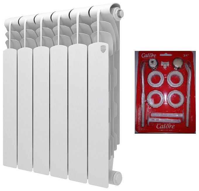 Комплект Радиатор биметаллический Royal Thermo Revolution Bimetall 500 - 6 секц. 161 Вт/сек. + Набор присоединительный (3/4) - артикул K0000118110