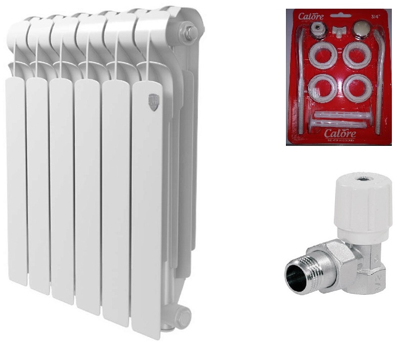 Радиатор алюм. Royal Thermo Indigo 500-6 секц.+набор д/ал.рад3/4"+вентиль терм.угл.3/4" - артикул K0000086325
