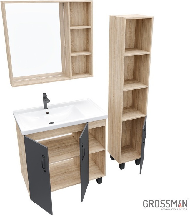 Комплект мебели ФЛАЙ 80 Тумба напольная дуб сонома/серая с ум.Фостер, зеркало, пенал 300 - артикул K0000109198