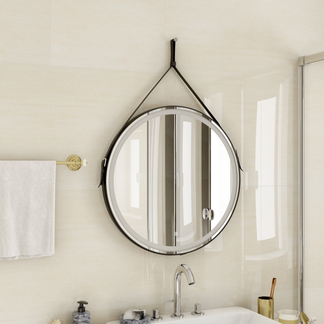 Зеркало "Millenium Black Led" D 650 на ремне из натуральной кожи черного цвета - артикул K0000041641