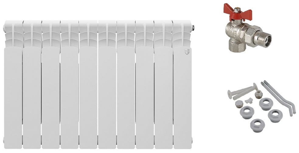 Комплект Радиатор алюминиевый Royal Thermo Revolution 500/80 - 10 секц + набор 3/4 + кран с амер.угл. 3/4 - артикул K0000188582