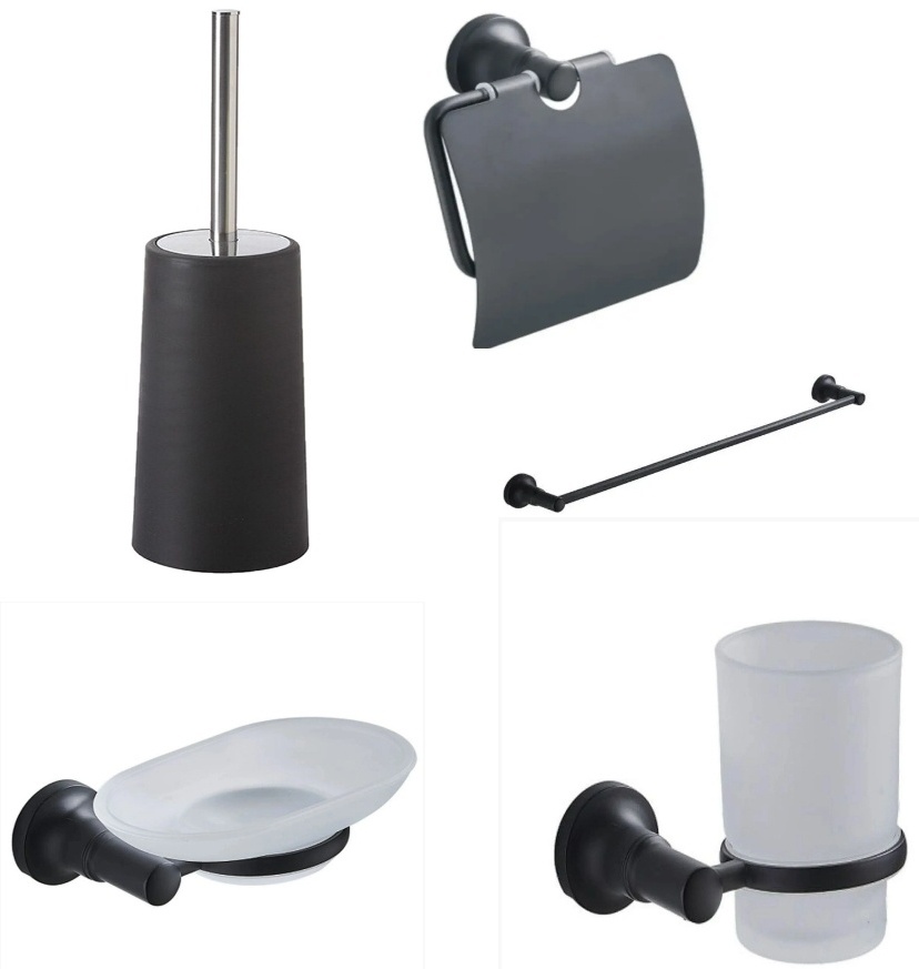 Набор Potato для ванной комнаты 5в1, мат.черн. (мыльница и стакан настенные, держатель полотенец и туал.бум, ёрш) - артикул K0000109119