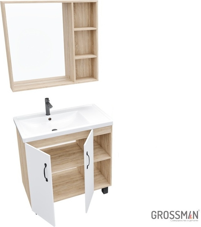 Комплект мебели ФЛАЙ 80 Тумба напольная дуб сонома/белая с ум.Фостер и зеркало - артикул K0000109195