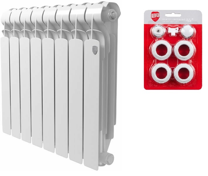 Комплект Радиатор алюминиевый Royal Thermo Indigo 500 - 8 секц.+ Набор присоединительный (3/4) - артикул K0000118119