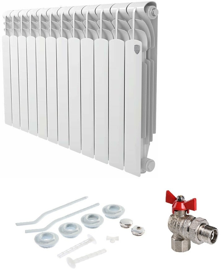 Комплект Радиатор алюминиевый Royal Thermo Revolution 500/80 - 10 секц + набор 1/2 + кран с амер.прямой 1/2  - артикул K0000188579