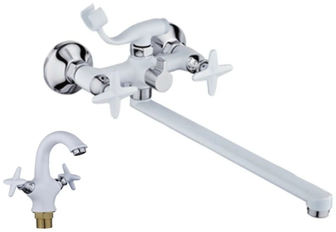 Комплект смесителей Potato в ванную комнату №4, барашк, 1/2 об, белый (для раковины + для ванны универсальный с прямым изливом) - артикул K0000109154