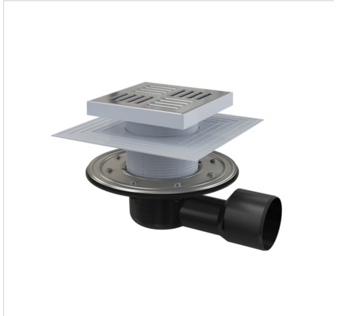 Сливной трап 150х150/75 мм, боковая подводка, решетка и фланец из нерж. стали, воротник, APV3444 - артикул K0000095629