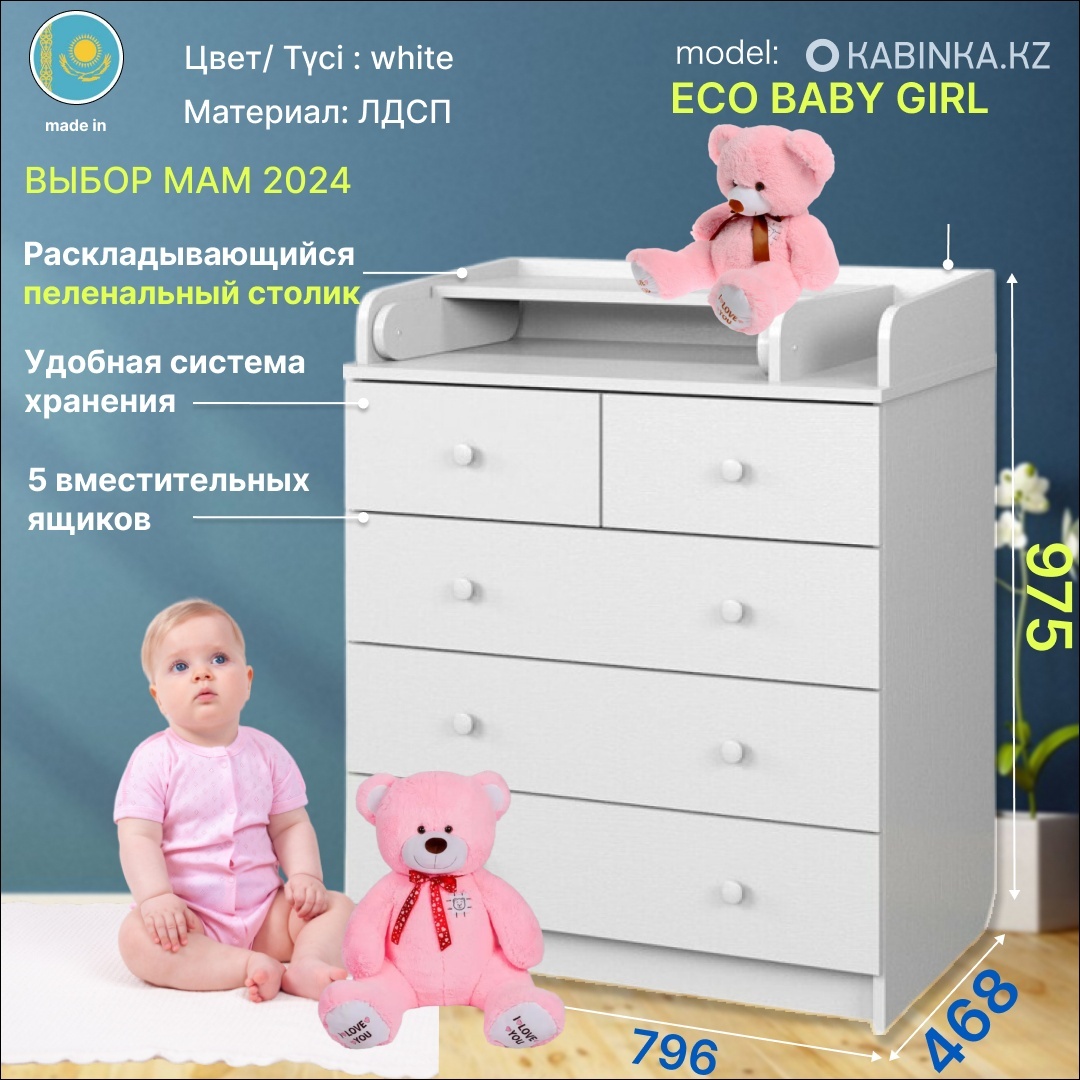 Детский комод  79,6х46,8х97,5 см Белый (KABINKA.KZ) девочка - артикул K0000167954