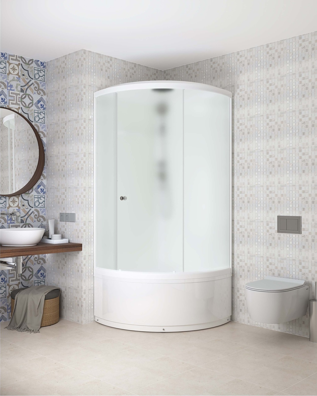 Комплект Домани Simple high v1.2 С КРЫШЕЙ (99) 90*90*218 (БЕЗ пульта, бел.стенки, сатин мат.стек, выс.поддон) ECO - артикул K0000162390