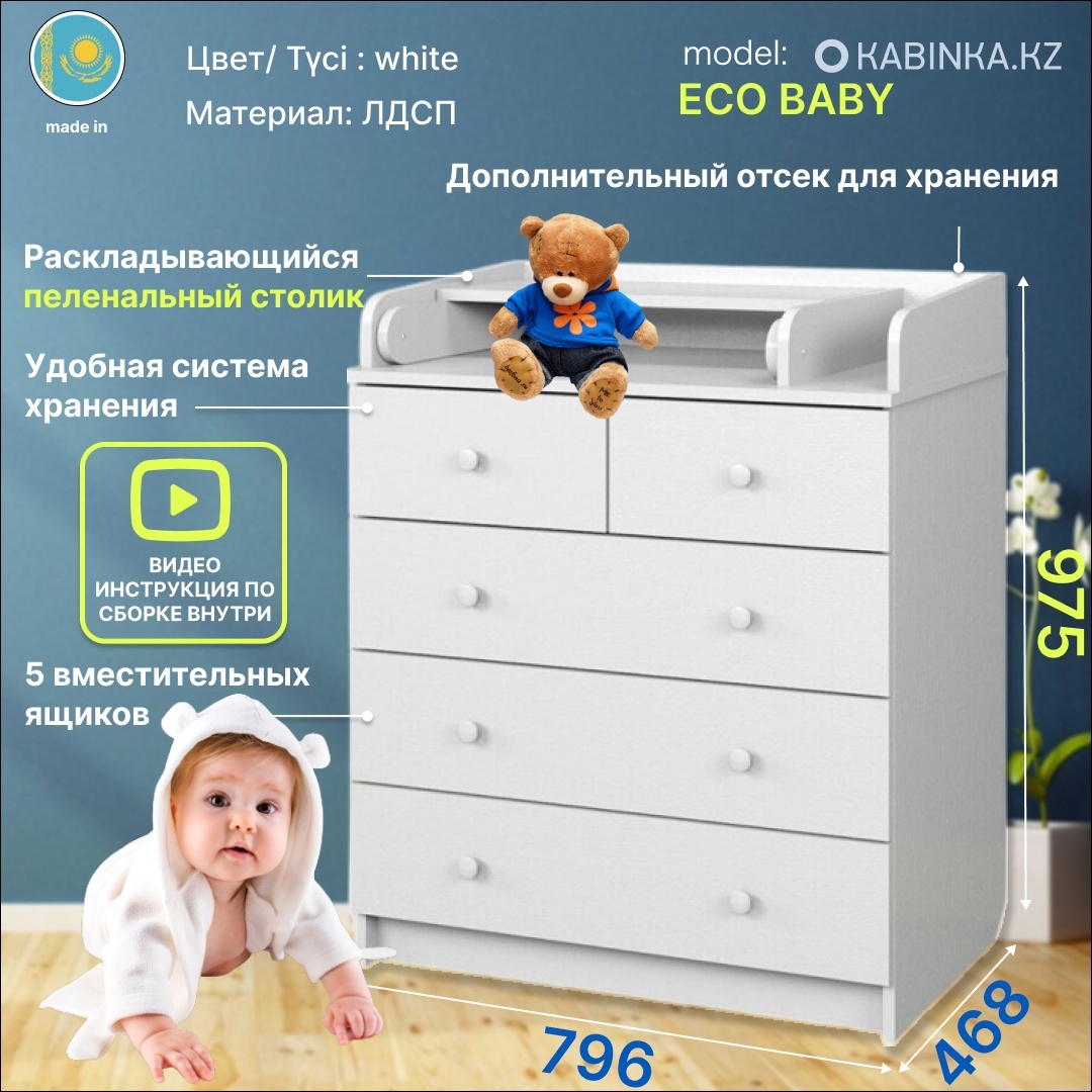 Комплект Детский комод  79,6х46,8х97,5 см Белый ЕСО - артикул K0000162392