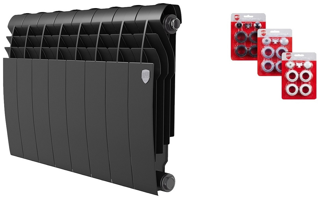 Комплект Радиатор биметаллический Royal Thermo BiLiner 350/Noir Sable - 10 секц.. + Набор присоединительный (3/4) - артикул K0000118092