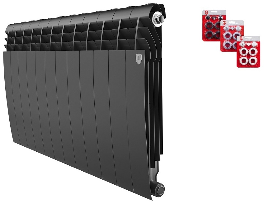 Комплект Радиатор биметаллический Royal Thermo BiLiner 500/Noir Sable - 12 секц. + Набор присоединительный (3/4) - артикул K0000118098