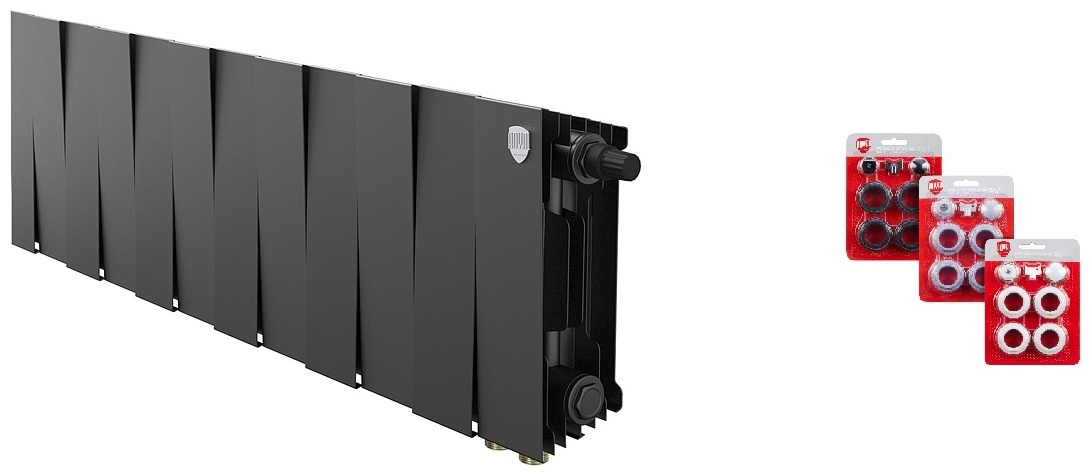 Комплект Радиатор биметаллический Royal Thermo PianoForte 300/Noir Sable -12 секций + Набор присоединительный (3/4) - артикул K0000118187