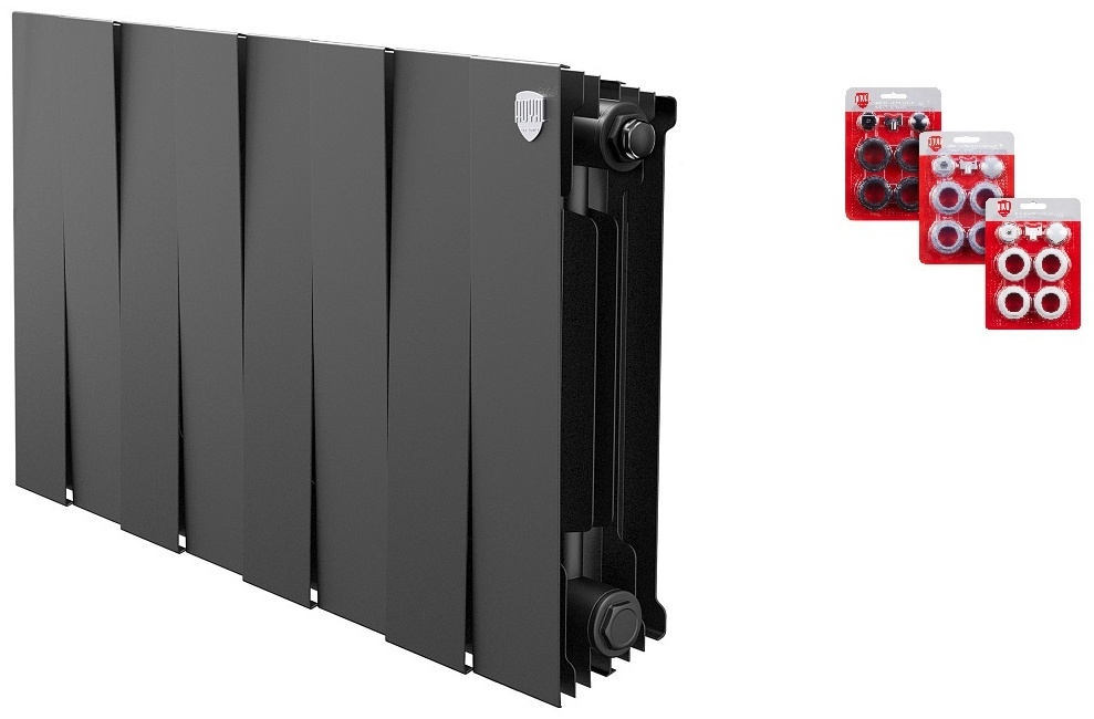Комплект Радиатор биметаллический Royal Thermo PianoForte 500 new/Noir Sable -8 секций + Набор присоединительный (3/4) - артикул K0000118192