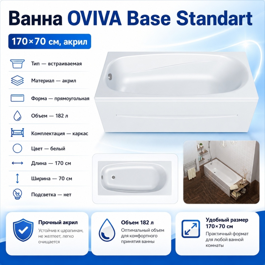 Комплект Ванна акриловая OVIVA Base standart 1700*700 + Каркас для ванны акрил - артикул K0000118204