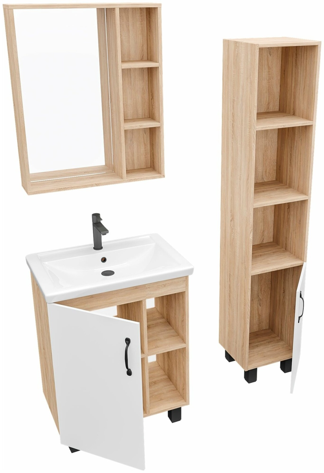 Комплект мебели ФЛАЙ 60 Тумба напольная дуб сонома/белая с ум.Фостер, зеркало, пенал 300 - артикул K0000109182