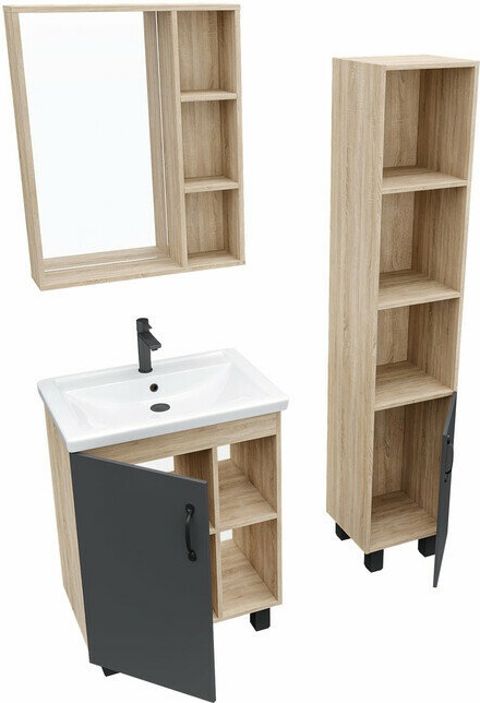 Комплект мебели ФЛАЙ 60 Тумба напольная дуб сонома/серая с ум.Фостер, зеркало, пенал 300 - артикул K0000109184