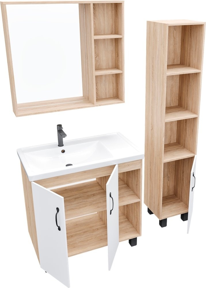 Комплект мебели ФЛАЙ 80 Тумба напольная дуб сонома/белая с ум.Фостер, зеркало, пенал 300 - артикул K0000109196