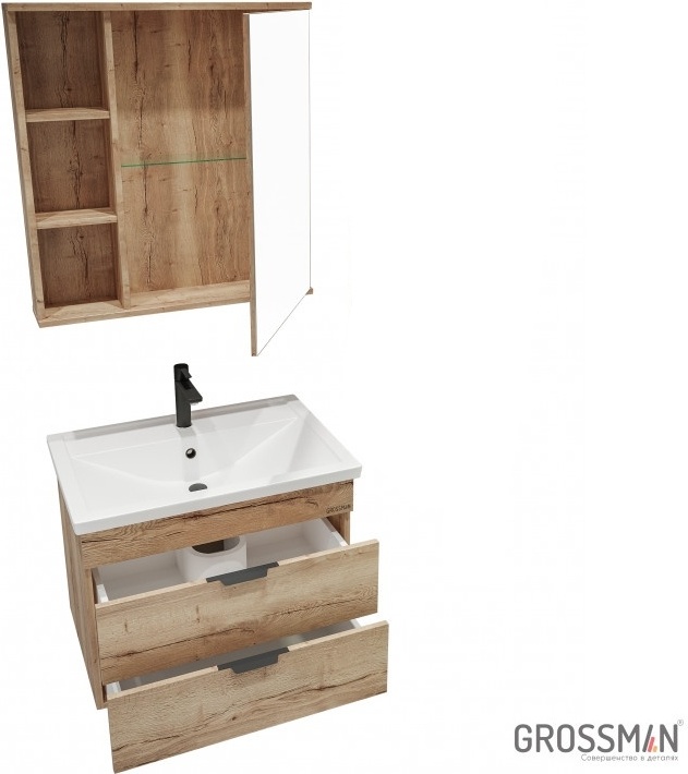 Комплект подвесной мебели ФОРТА 70 Тумба с 2-я ящ. дуб галифакс с ум.Фостер, шкаф-зеркало - артикул K0000109285