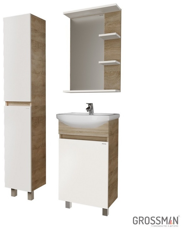 Комплект мебели ПОЛО 45 Тумба напольная дуб сонома/белая с ум.Уют, зеркало с полками, пенал 300 - артикул K0000109062