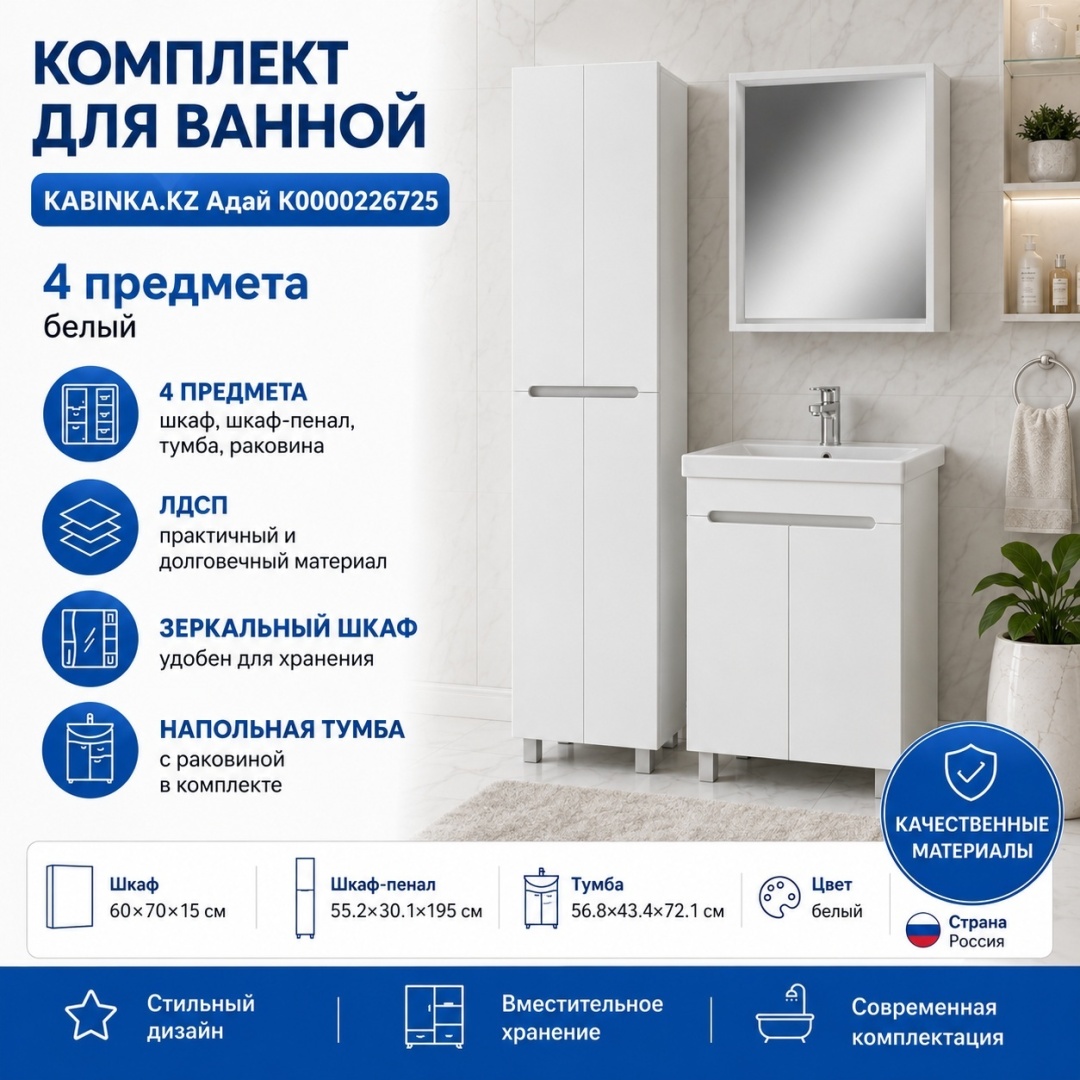 Комплект Тумба с умывальником "Como 60" Аура без ящика Адай + Шкаф-зеркало Аура 60 + пенал - артикул K0000226725