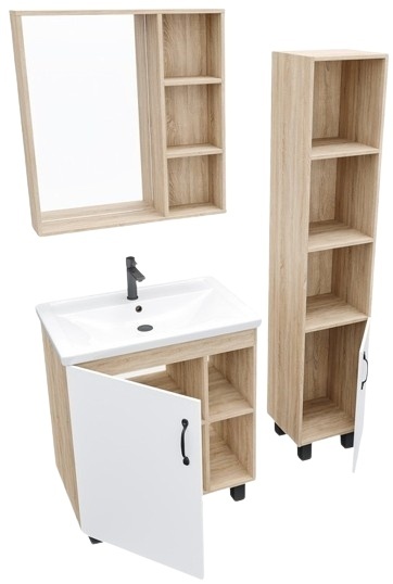 Комплект мебели ФЛАЙ 70 Тумба напольная дуб сонома/белая с ум.Фостер, зеркало, пенал 300 - артикул K0000109188