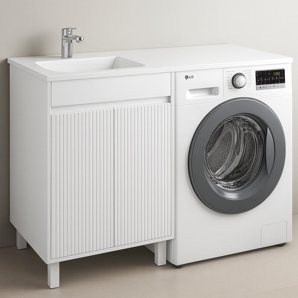 Комплект Раковина Лакшери правая с сифоном и Тумба напольная, 2 Двери под СМ, 1200, коллекция (Эвелин, Лакшери 1200, Белый снег, Молочный глянец) - артикул K0000233081