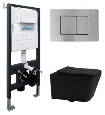 Комплект подвесной унитаз ABBER Rechteck AC1201MB черный матовый с инсталляцией AC0105 и кнопкой AC0120MCH матовый хром - артикул K0000230860