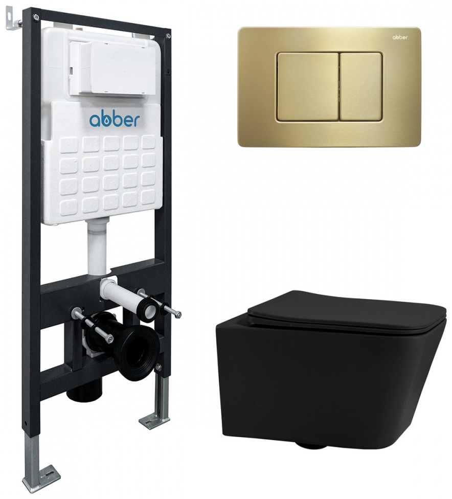 Комплект подвесной унитаз ABBER Rechteck AC1201MB черный матовый с инсталляцией AC0105 и кнопкой AC0120MMG золото матовое - артикул K0000230861