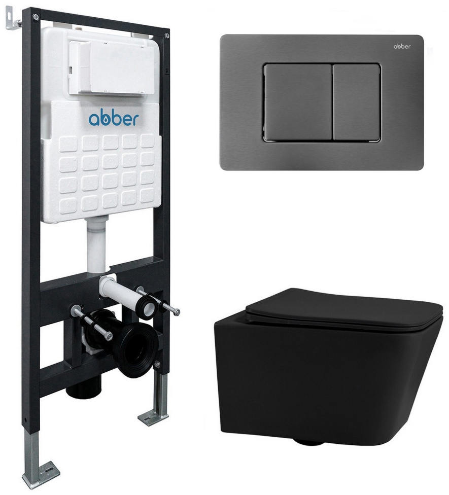 Комплект подвесной унитаз ABBER Rechteck AC1201MB черный матовый с инсталляцией AC0105 и кнопкой AC0120NG никель - артикул K0000230863