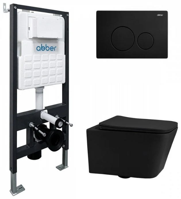 Комплект подвесной унитаз ABBER Rechteck AC1201MB черный матовый с инсталляцией AC0105 и кнопкой AC0121MB черный матовый - артикул K0000230866